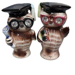 Graduation Wise Wide Eyed Owl Salt & Pepper Shakers Lefton Japan Ceramic Set SEE
